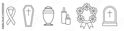 set of funeral line icons: mourning ribbon, coffin, urn, candles, wreath and grave- vector illustration
