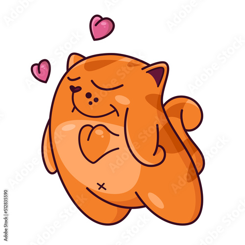Cute red cat with hearts. Shows emotions love, admiration, passion. Cat character hand drawn style, sticker, emoji