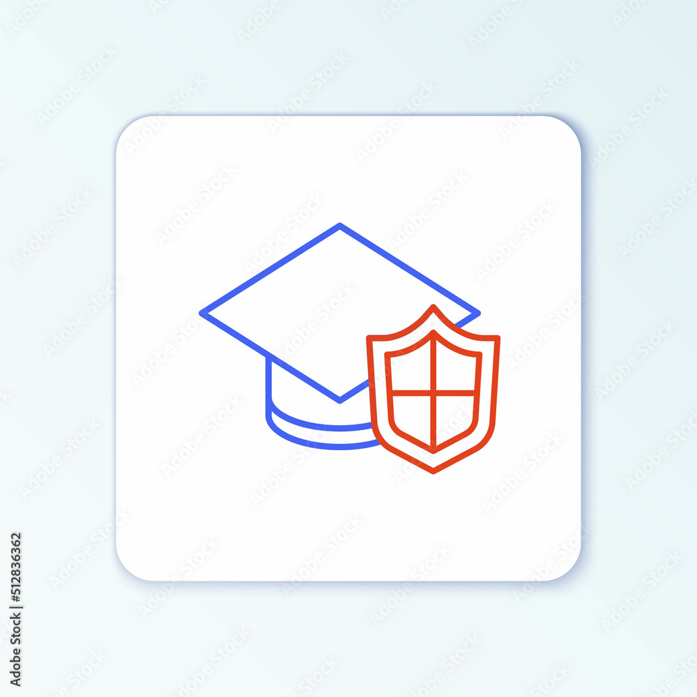 Line Graduation cap with shield icon isolated on white background. Insurance concept. Security, safety, protection, protect concept. Colorful outline concept. Vector Line Graduation cap with shield icon isolated on white background. Insurance concept. Security, safety, protection, protect concept. Colorful outline concept. Vector
