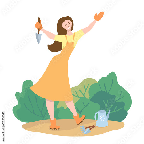 Cute smiling girl with garden trowel hand shovel enjoys garden work in rubber boots. Love of gardening, hobby. Colorful bright female character isolated on white background. Flat, vector illustration.