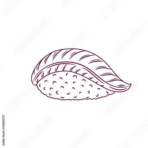 Hamachi sushi outline. Japanese traditional food icon. Isolated hand drawn seafood vector illustration.