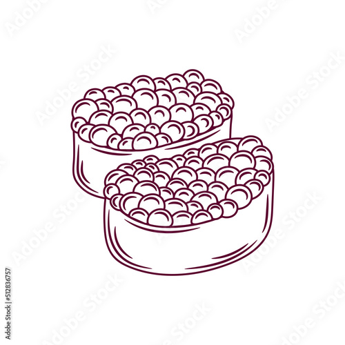 Ikura sushi roll outline. Japanese traditional food icon with salmon caviar. Isolated hand drawn seafood vector illustration.