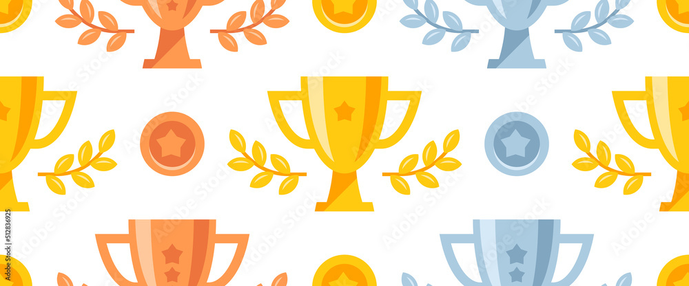 Seamless pattern with trophy cups. Set of medals and trophy awards. Prize champion. Flat style Seamless pattern with trophy cups. Set of medals and trophy awards. Prize champion. Flat style