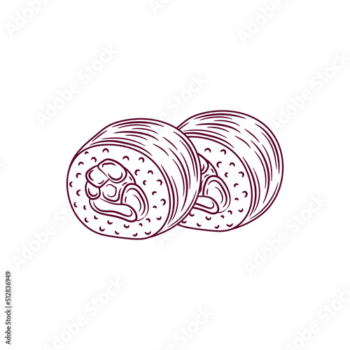 Tekka maki sushi roll outline. Japanese traditional food icon with tuna fish fillets. Isolated hand drawn seafood vector illustration.