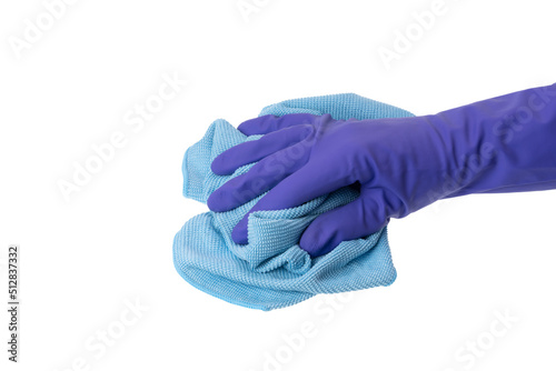 Woman hand in blue rubber glove with microfiber rag for cleaning shiny surfaces, isolated on white background.