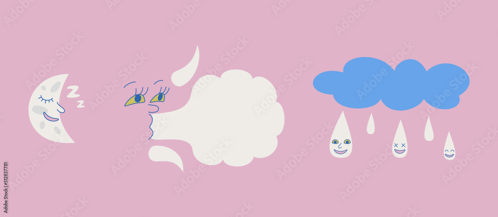 Set of isolated weather icons. Cute collection of weather illustrations. Vector design elements of moon rain cloud etc. Set of isolated weather icons. Cute collection of weather illustrations. Vector design elements of moon rain cloud etc.