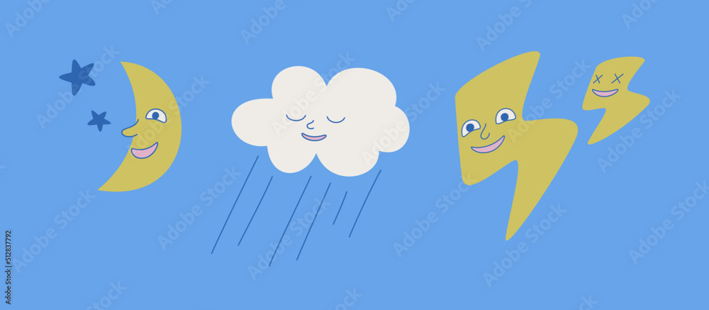 Set of isolated weather icons. Cute collection of weather illustrations. Vector design elements of sun rain cloud etc.