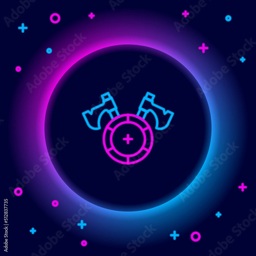 Glowing neon line Medieval shield with crossed axes icon isolated on black background. Battle axe, executioner axe. Colorful outline concept. Vector