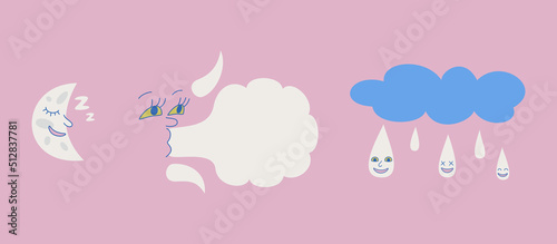 Set of isolated weather icons. Cute collection of weather illustrations. Vector design elements of moon rain cloud etc.
