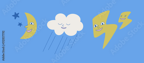 Set of isolated weather icons. Cute collection of weather illustrations. Vector design elements of sun rain cloud etc.