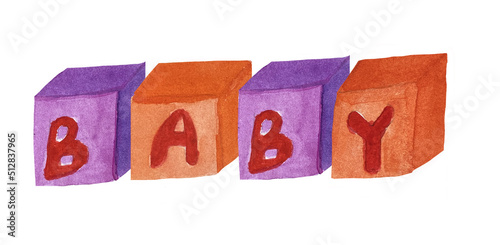 Watercolor illustration of children's cubes with the inscription baby