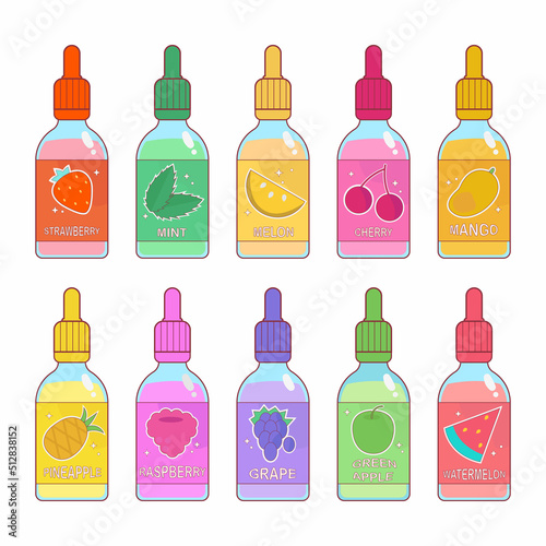 E-liquid flavors.Vapor liquid bottles. Set of vector e-liquid droppers. Various fruit flavors,  strawberry,  cherry, melon, mango, mint, watermelon, apple, grape, pinEapple, raspberry