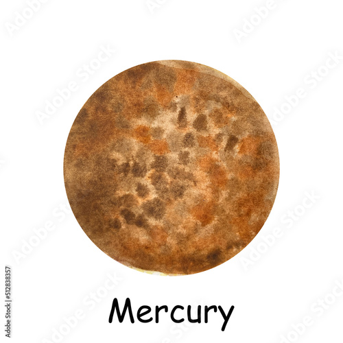 Watercolor illustration of a planet in the solar system. Watercolor planet Mercury.