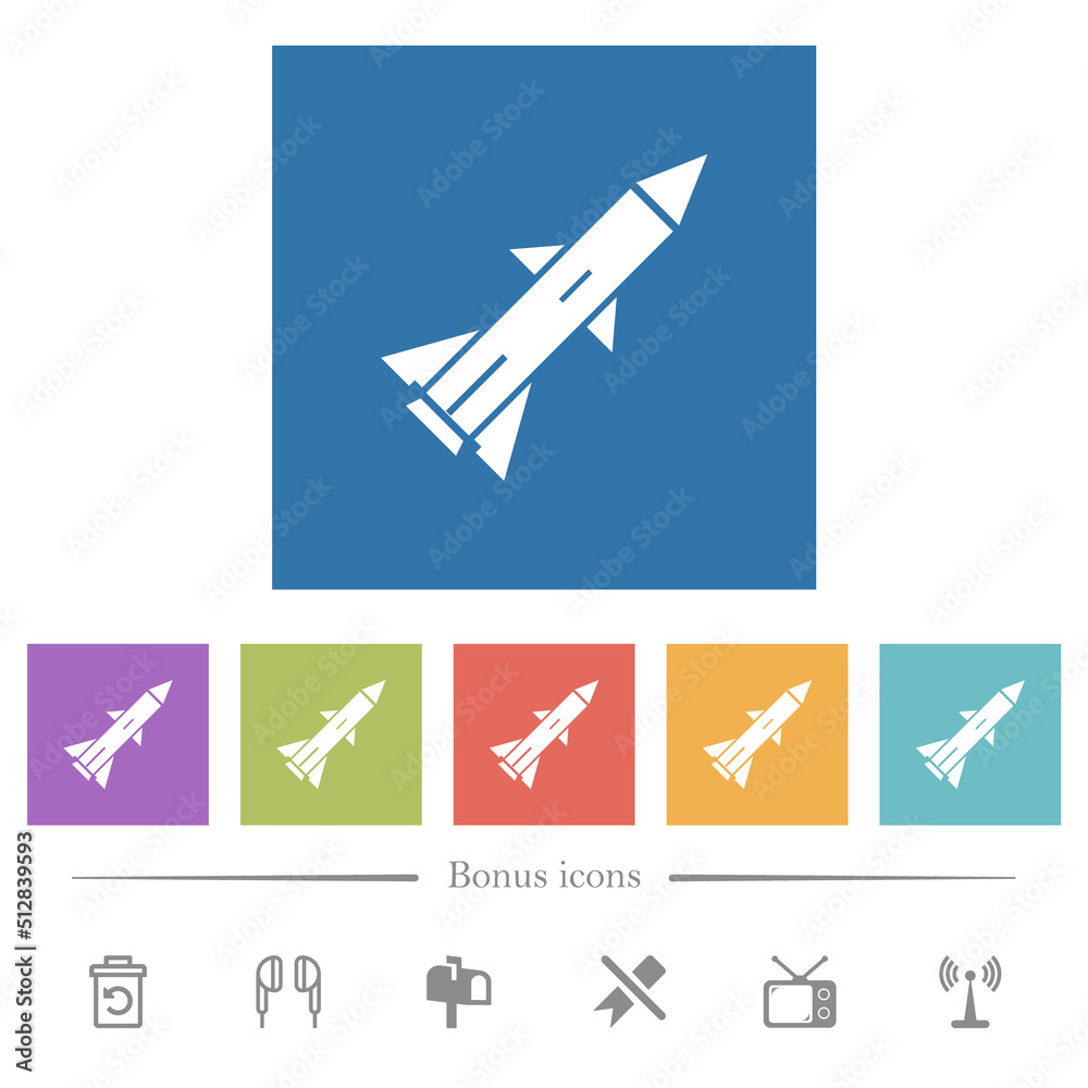 Ballistic missile flat white icons in square backgrounds