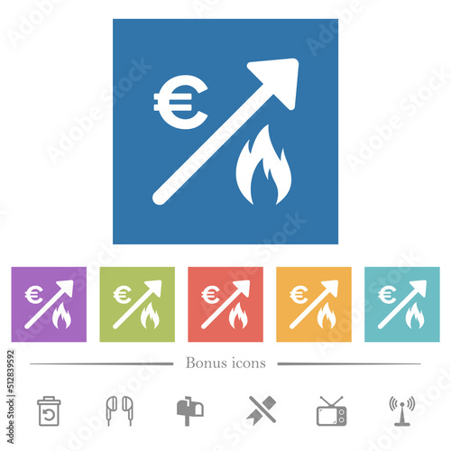 Rising gas energy european Euro prices flat white icons in square backgrounds