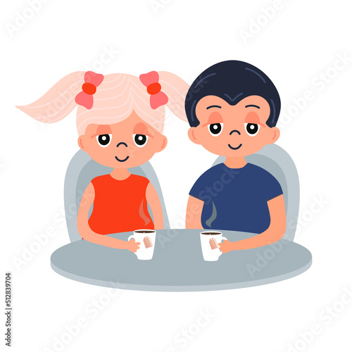 Illustration of a cute couple. Happy young couple. Girl and guy drink tea. Vector illustration isolated on white background in cartoon style