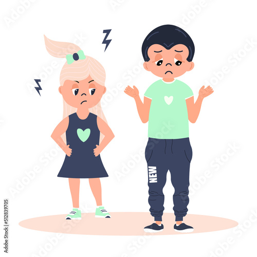 Illustration of a cute couple. Happy young couple. The girl gets angry with a boyfriend Vector illustration isolated on white background in cartoon style