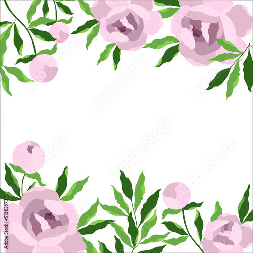 pink bouquet peony flower and leaves, vector drawing template card frame, illustration
