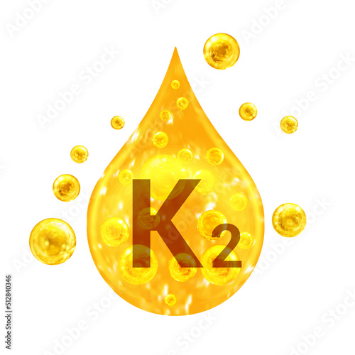 Vitamin K2. Images golden drop and balls with oxygen bubbles. Health concept. Isolated on white background