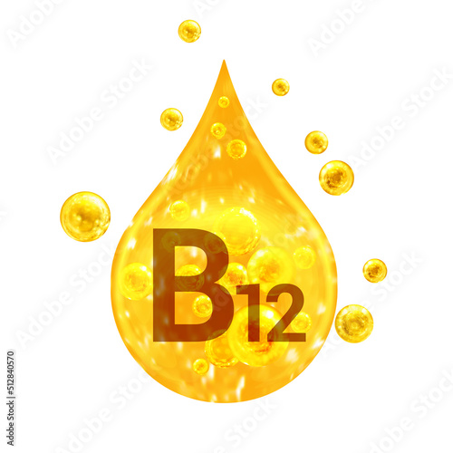 Vitamin B12. Images golden drop and balls with oxygen bubbles. Health concept. Isolated on white background photo