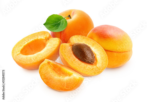 Apricot fruit with half of apricot and apricot kernel isolated on white background.