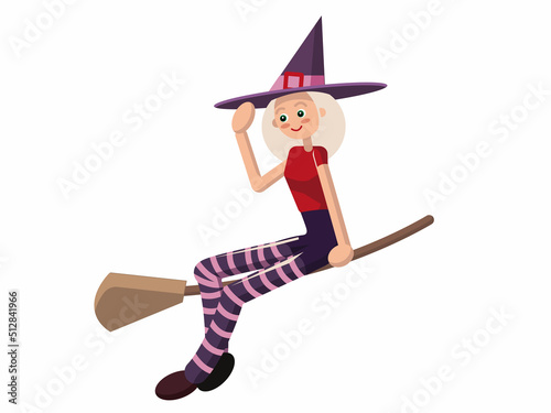 Halloween flying witch on a broomstick . Girl kid in Halloween costume vector.Halloween holiday celebration, fantasy and magic on all hallows eve in autumn season. Isolated.