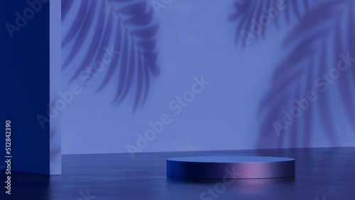 Fototapeta Naklejka Na Ścianę i Meble -  3d mock-up podium with palm shadow. Product display in trendy night colors. Background for product and cosmetics presentation. 3D rendering.