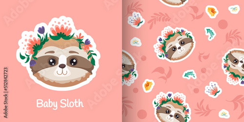 Cute baby sloth seamless pattern with roses crown, hand drawn flower background. Vector cartoon illustration for nursery, poster, birthday greeting cards, baby shower, textile fabric