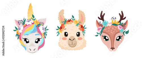 Flower crown wreaths set with animals unicorn, alpaca, deer. Summer or spring flowers isolated on white background for headband design or for wedding. Vector cartoon illustration