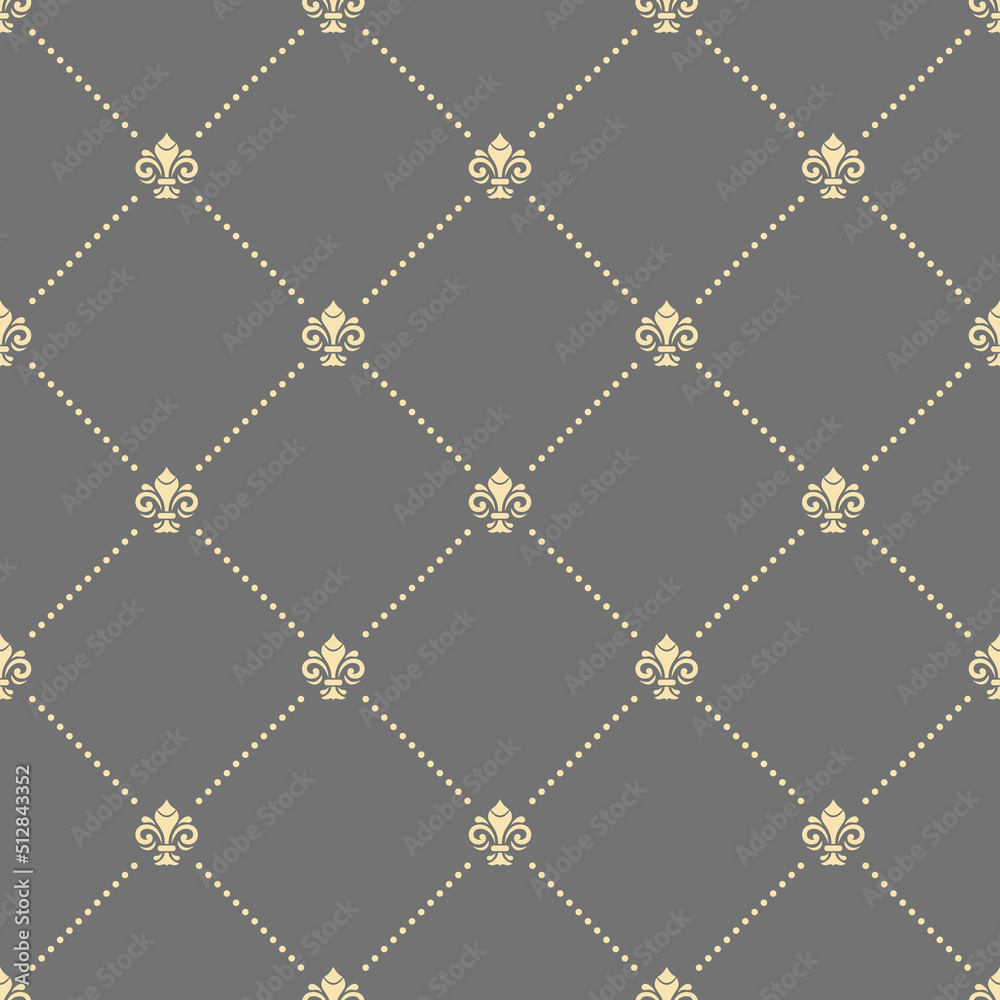 Naklejka premium Seamless vector pattern. Modern geometric ornament with royal lilies. Classic gray and yellow background
