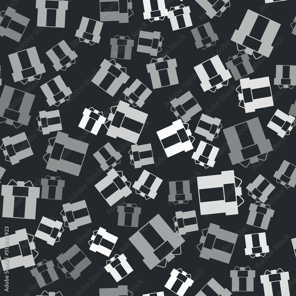 Grey Gift box icon isolated seamless pattern on black background. Vector