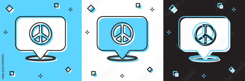 Set Location peace icon isolated on blue and white, black background. Hippie symbol of peace. Vector