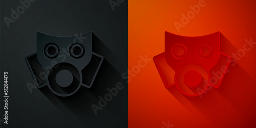 Paper cut Gas mask icon isolated on black and red background. Respirator sign. Paper art style. Vector