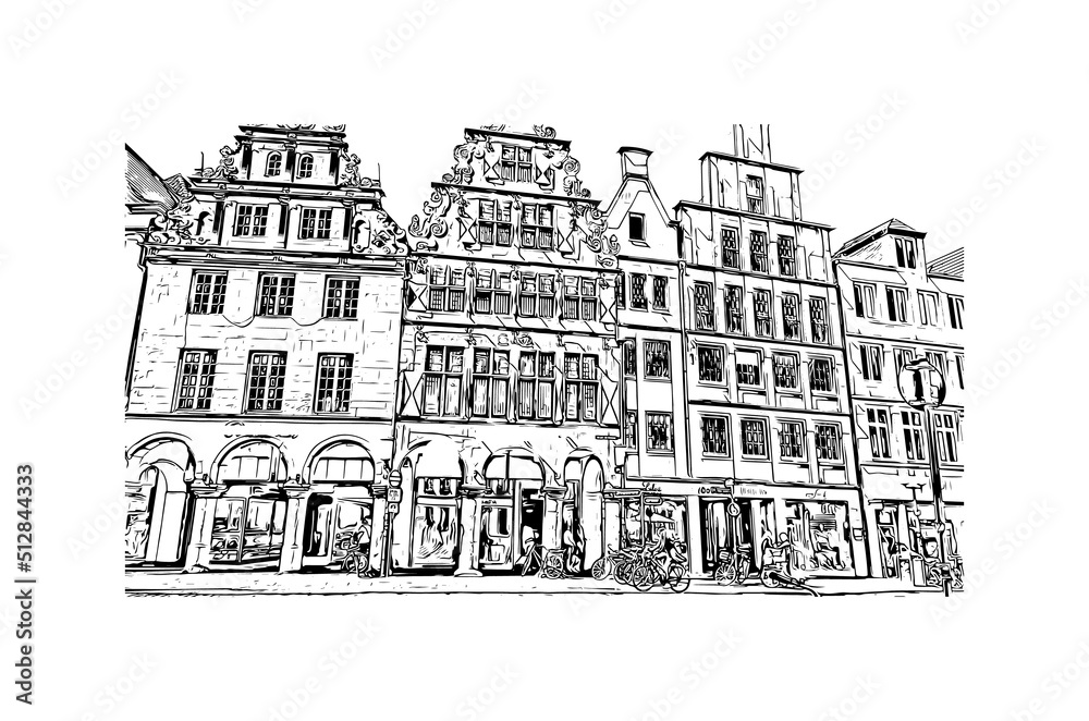 Building view with landmark of Munster is the 
city in Germany. Hand drawn sketch illustration in vector.