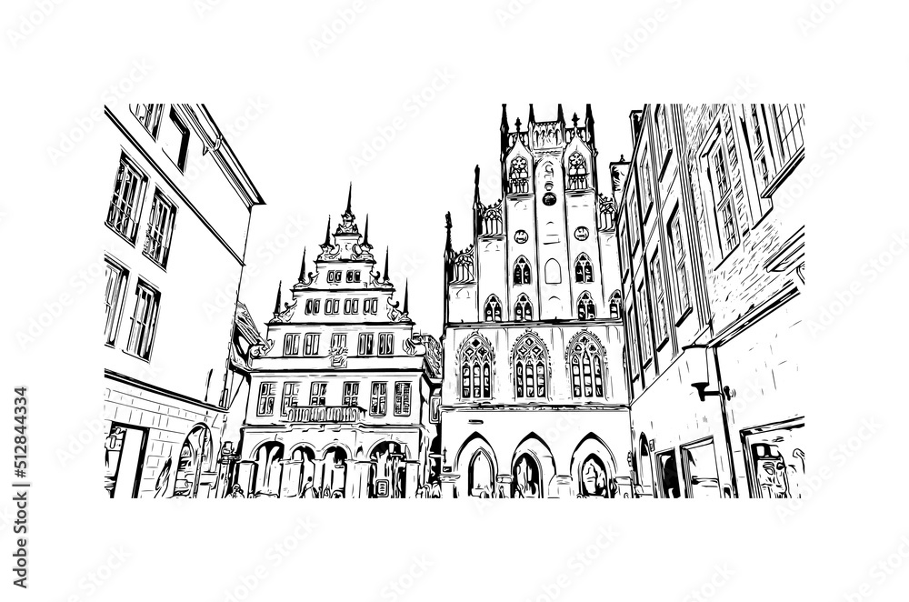 Building view with landmark of Munster is the 
city in Germany. Hand drawn sketch illustration in vector.