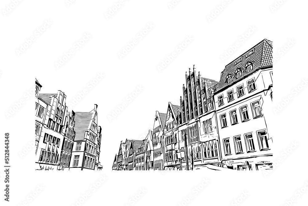 Building view with landmark of Munster is the 
city in Germany. Hand drawn sketch illustration in vector.
