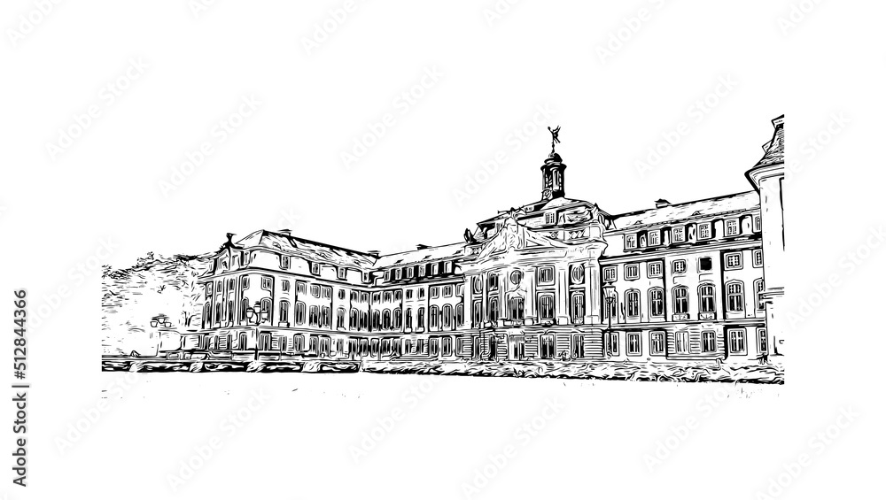 Building view with landmark of Munster is the 
city in Germany. Hand drawn sketch illustration in vector.