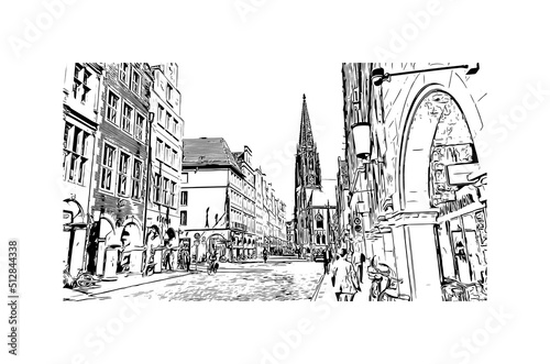 Building view with landmark of Munster is the  city in Germany. Hand drawn sketch illustration in vector. © dhanu3182