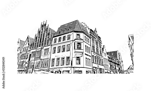 Building view with landmark of Munster is the 
city in Germany. Hand drawn sketch illustration in vector.