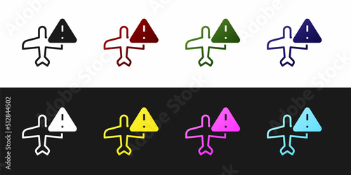 Set Warning aircraft icon isolated on black and white background. Faulty plane. Flying prohibition zone. Plane is forbidden for transportation and travelling. Vector