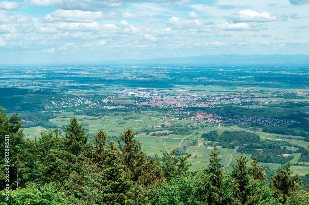 Nice natural and farmland landscape of Alsace in France at the border with Germany, seen from the castle Haut-Kœnigsbourg