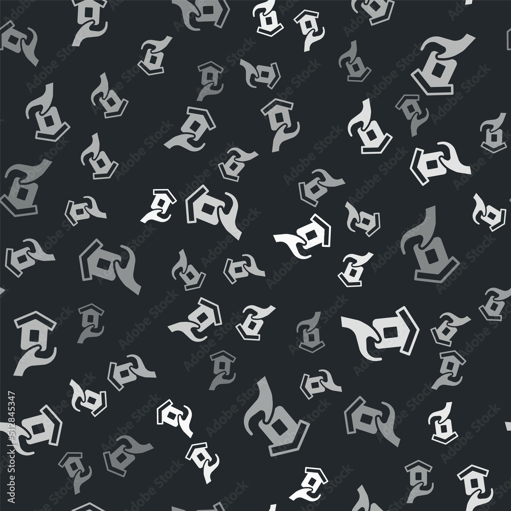 Grey Shelter for homeless icon isolated seamless pattern on black background. Emergency housing, temporary residence for people, bums and beggars without home. Vector