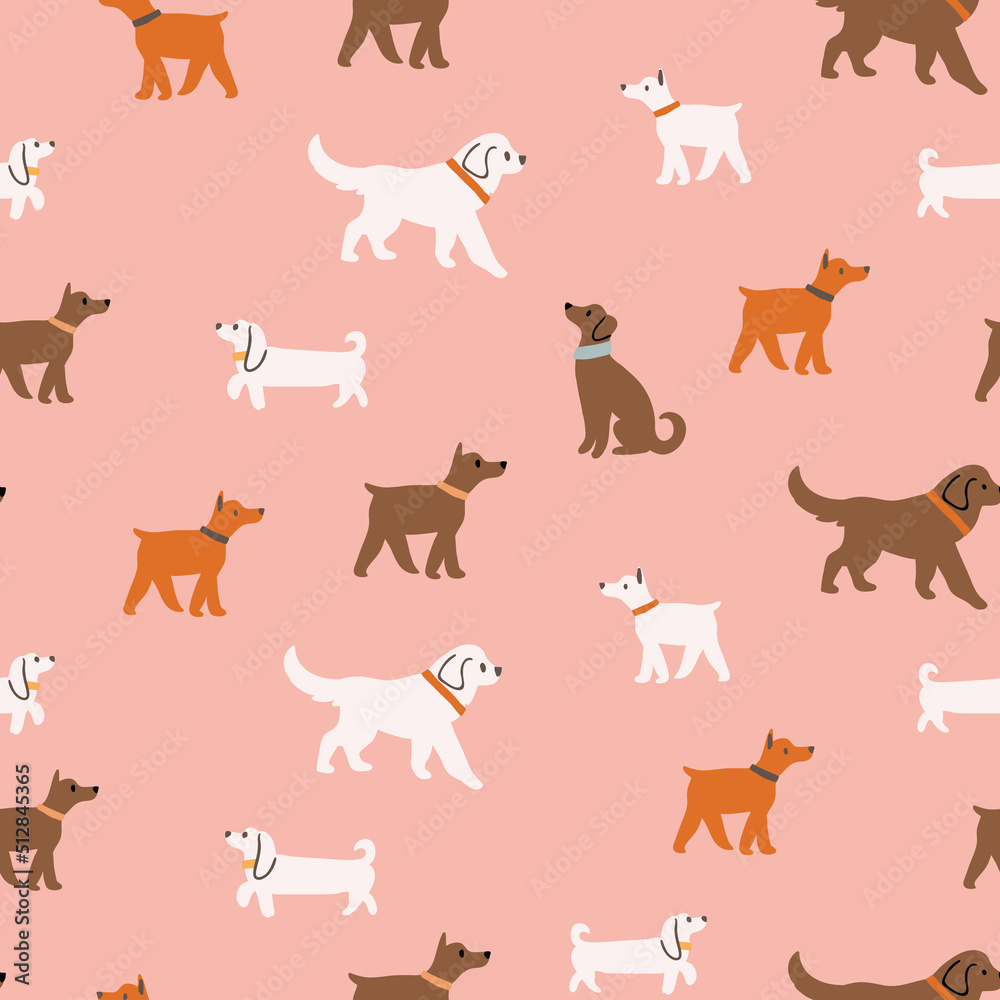 Cute dog silhouettes pattern on pink background. Dog walk pattern. Cute domestic dogs design Cute dog silhouettes pattern on pink background. Dog walk pattern. Cute domestic dogs design