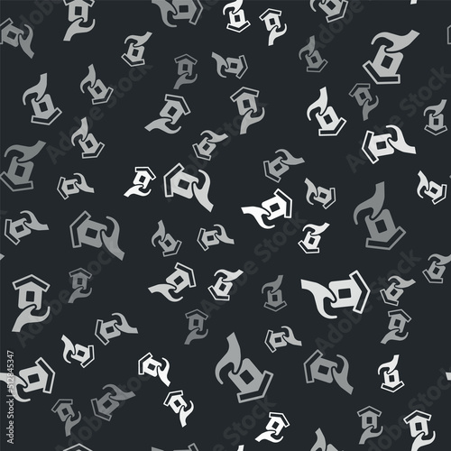 Grey Shelter for homeless icon isolated seamless pattern on black background. Emergency housing  temporary residence for people  bums and beggars without home. Vector