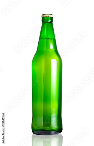 Beer in a green bottle, in front view isolated on white background, Suitable for Mock up creative graphic design, clipping path.