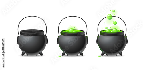 Realistic Detailed 3d Witch Cauldron Animation Set. Vector