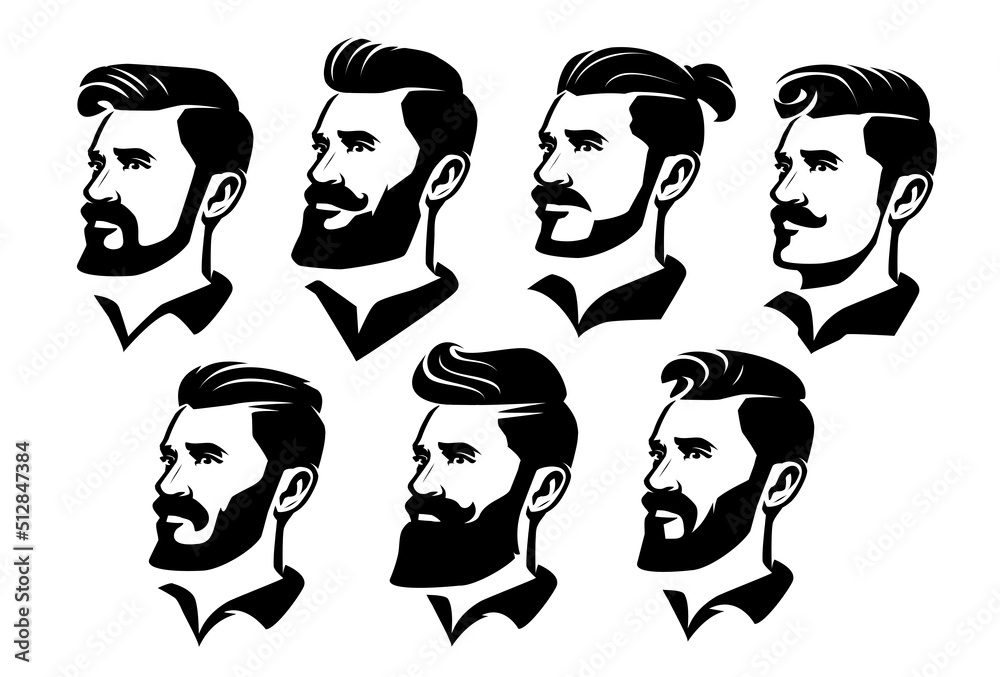 Set vector faces bearded men. Hipster with haircut, mustache, beard. Design element for emblem, badge, label Set vector faces bearded men. Hipster with haircut, mustache, beard. Design element for emblem, badge, label