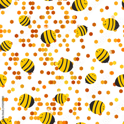 Seamless pattern with bees on white honeycomb background. Small wasp. Vector illustration. Adorable cartoon character. Template design for invitation, cards, textile, fabric. Doodle style