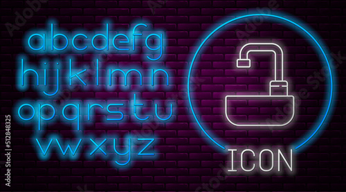 Glowing neon line Washbasin with water tap icon isolated on brick wall background. Neon light alphabet. Vector Illustration