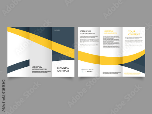 Tri fold brochure with yellow curved line. Brochure design, brochure template, creative tri-fold, trend brochure. Vector graphics.
